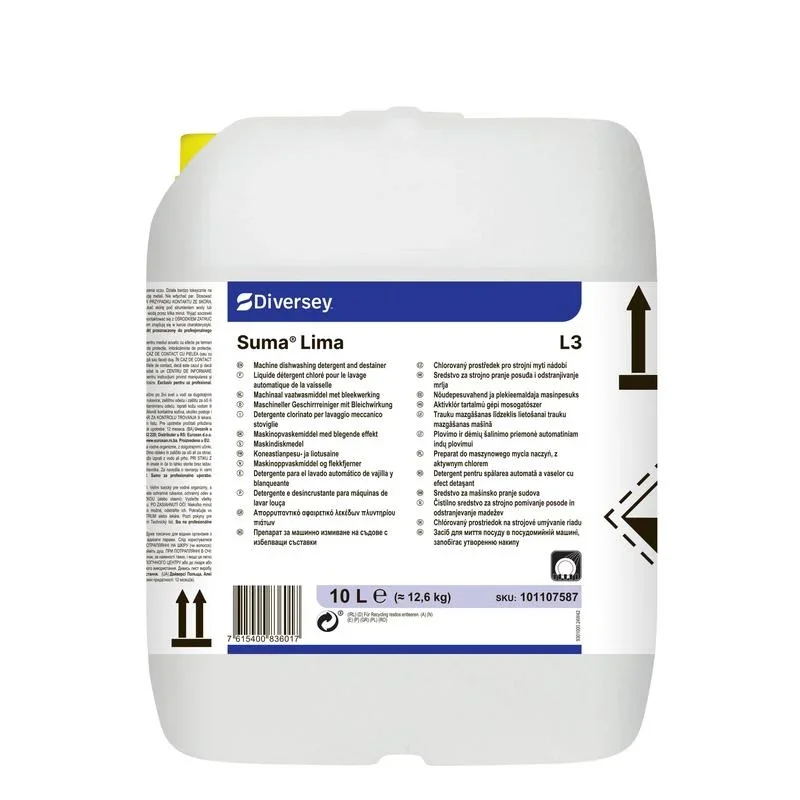 Ein 10-Liter-Behälter aus weißem Kunststoff mit Diversey Suma Lima L3 Geschirrreiniger mit Bleiche von Diversey Deutschland GmbH & Co. OHG, mit Griff, Füllstandsmarkierungen, blauem und schwarzem Text, Symbolen und einem mehrsprachigen Etikett.