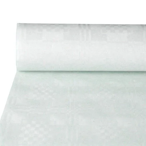 Eine 50 m x 0,8 m große weiße PAPSTAR Papiertischtuch-Rolle Damastprägung mit dezenten Karos und Streifen - ideal für festliche Anlässe. Marke: PAPSTAR GmbH, 1 Rolle (Folie).