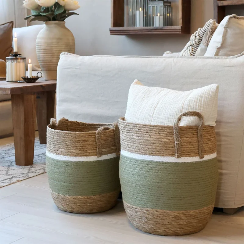 Chic Antique – Korbset aus Seil und Jute – 2 Aufbewahrungskörbe in Grün & Natur mit Griffen