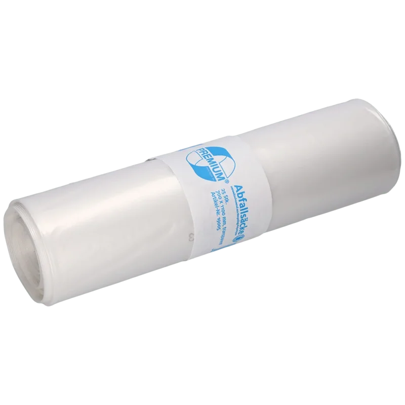 Eine Rolle EMIL DEISS KG (GmbH + Co.) DEISS 19005 transparente Müllsäcke (700x1100x0,07 mm, 25 Stück) mit weißem und blauem Etikett, abgebildet auf einem einfarbig weißen Hintergrund.