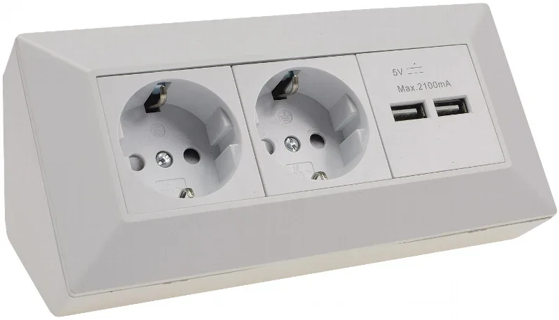 2-fach Steckdosenblock + 2x USB, weiß ma 250V~/ 16A, Aufbaumontage