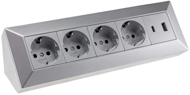 4-fach Steckdosenblock, USB-A+C, silber 250V~/ 16A, Aufbaumontage, USB 3,1A, PD