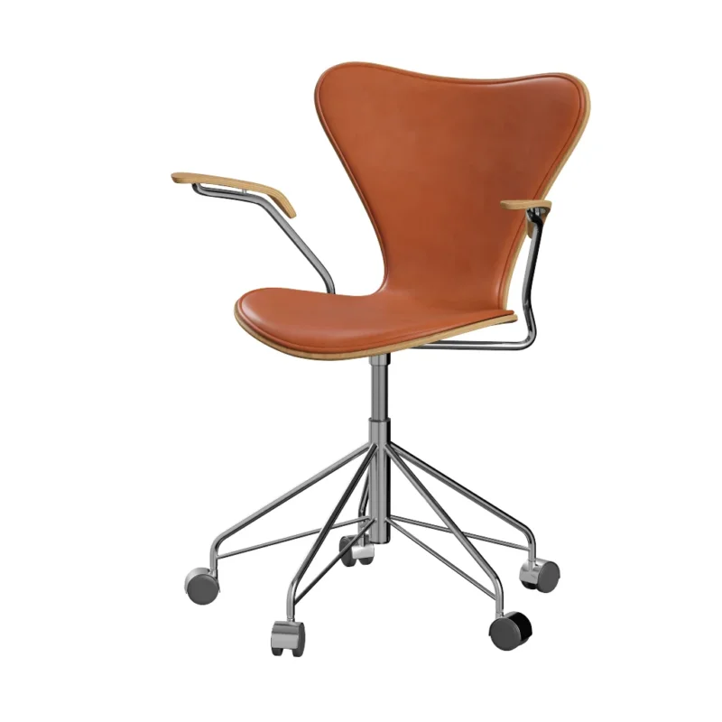Fritz Hansen - 3217 Bürostuhl mit Armlehnen, Naturfurnier und Vorderseite gepolstert in Grace Leder