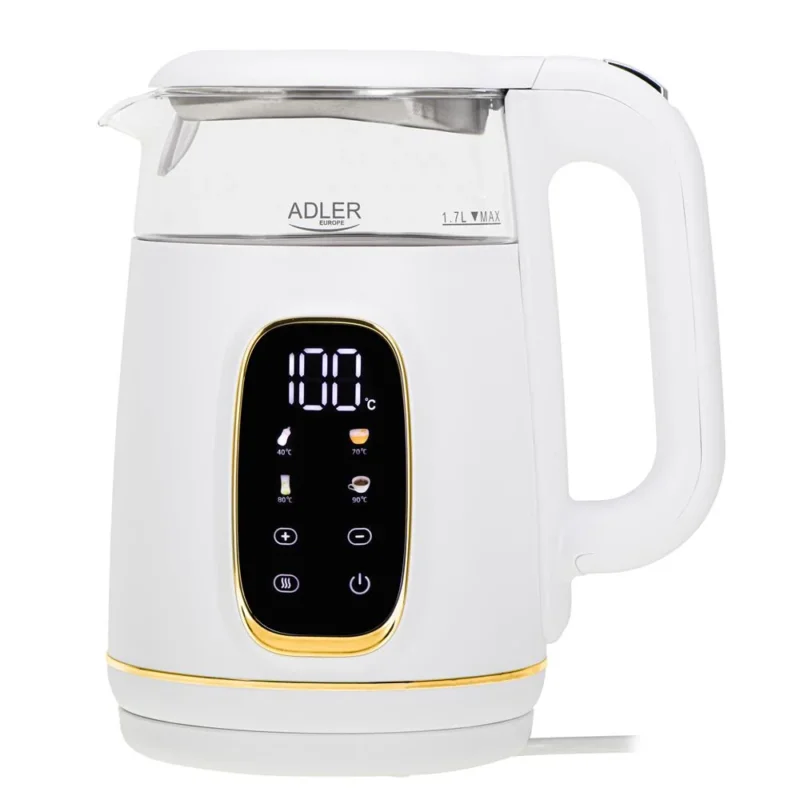 Adler AD 1305 Glas-Wasserkocher 1,7 L mit Temperaturwahl 40–100°C, LED-Display, Warmhaltefunktion 2 Std., 2200 W, Touch-Bedienung weiß gold