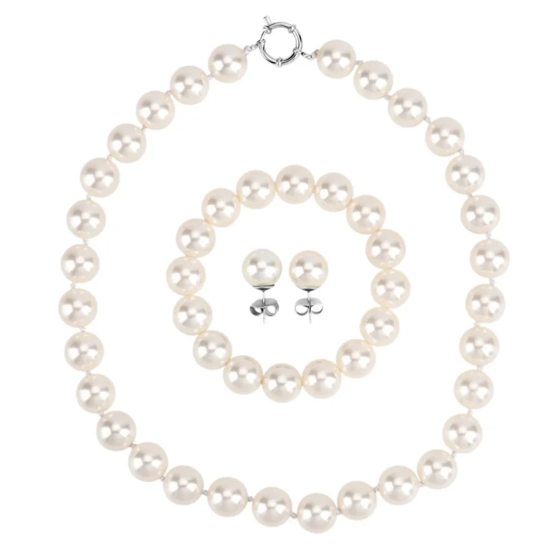 3er Set - Weiße Muschelkernperle (13-15 mm) Halskette ca. 50 cm, Armband-verstellbar, und Ohrringe Schmuckset, 316L Edelstahl