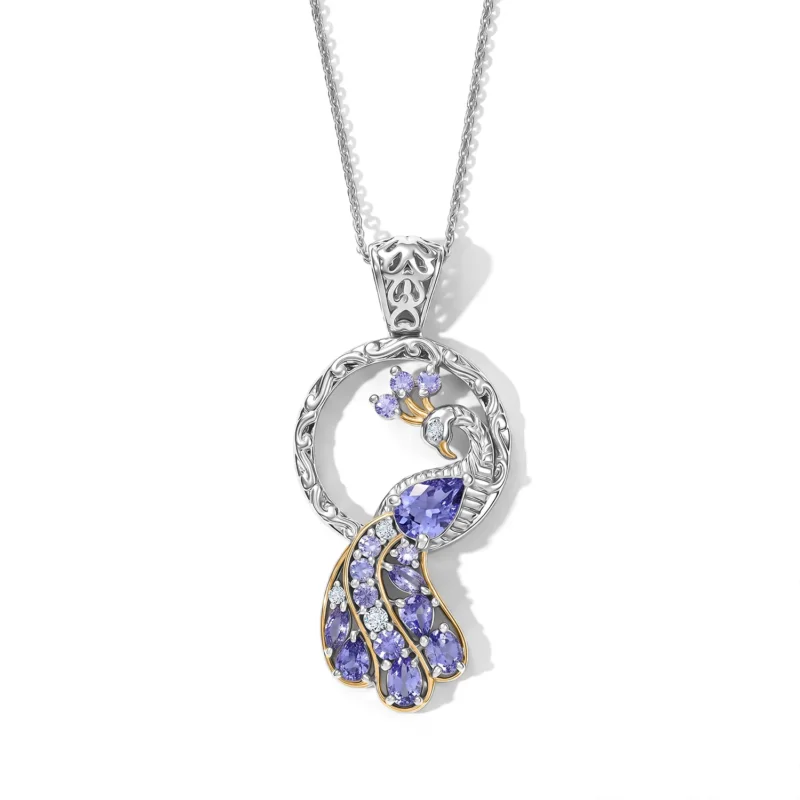 D'Joy Tansanit und Zirkon Anhänger mit 50cm Kette, 925 Silber rhodiniert und 750 Gelbgold Vermeil - 1,98 ct.