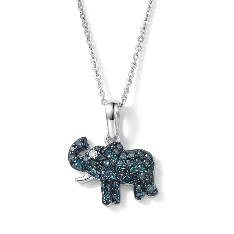 D'Joy blauer und weißer Diamant Elefant Anhänger mit 50cm Kette, 925 Silber rhodiniert - 0,36 ct.