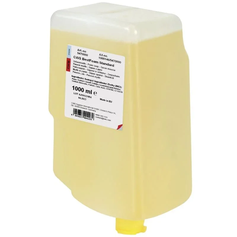 Ein rechteckiger 1000-ml-Kunststoffbehälter mit CWS Seifenschaum BestFoam Standard von CWS, mit weißer Kappe, unterer Zapfpistole und Produkt- und Sicherheitsinformationen - ideal für die Handhygiene.