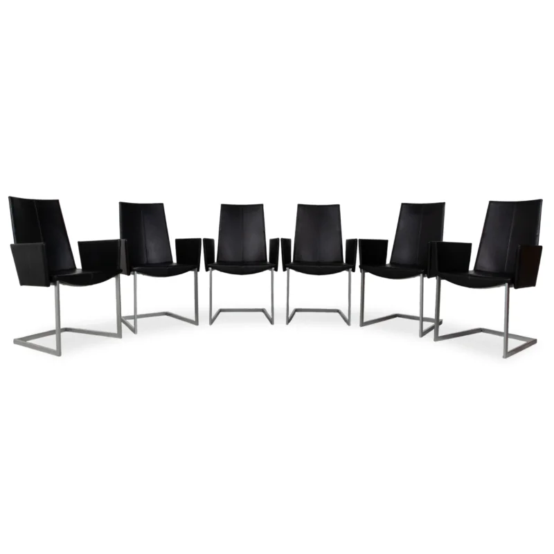6er Garnitur KFF Leder Metall Stuhl Freischwinger Schwarz