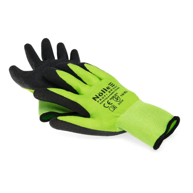 Ein Paar Nölle Profi Brush Soft-Grip Handschuh Prestige Arbeitshandschuhe von Nölle Profi Brush Bürsten- & Pinseltechnik e.K., in grün und schwarz mit strukturierten Handflächen, Prüfzeichen und Markenlogo, ideal für professionelle Reinigungsarbeiten.