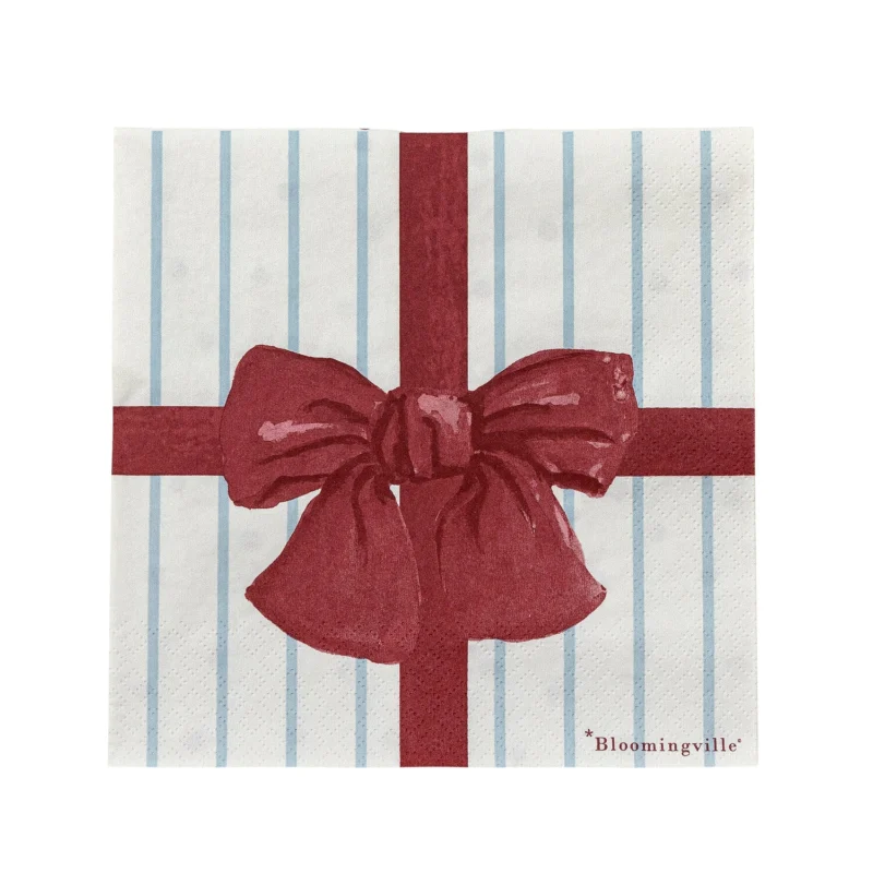 Papierserviette 33x33 cm mit vertikalen blauen Streifen und roter Schleife