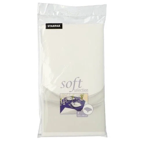 In einer durchsichtigen Plastikverpackung befindet sich eine gefaltete weiße Starpak-Tischdecke, stoffähnlich Vlies „Soft Selection“, Größe 120 cm x 180 cm, mit der Abbildung eines gedeckten Esstisches auf der Vorderseite.