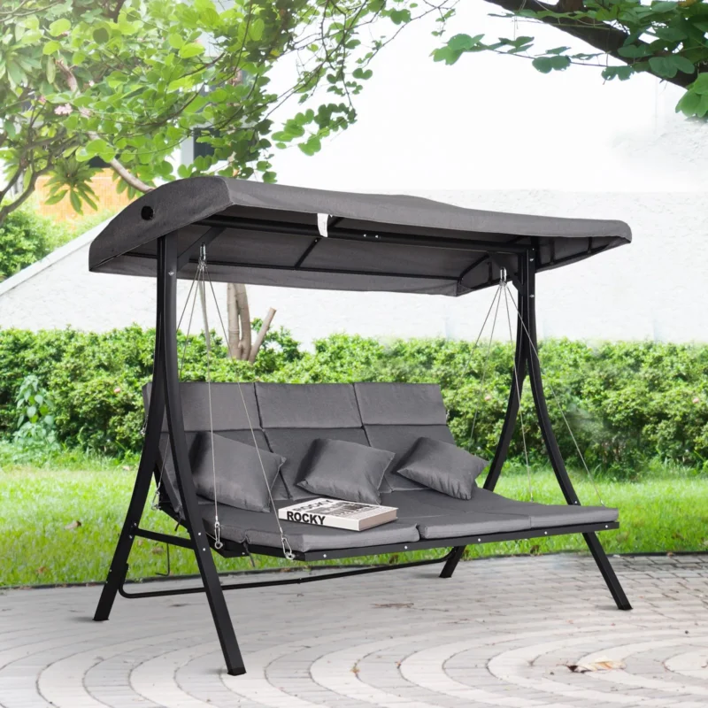 easycomfort easycomfort dondolo reclinabile 3 posti in tessuto con cuscini e tetto regolabile grigio 200 x 115 x 168 cm