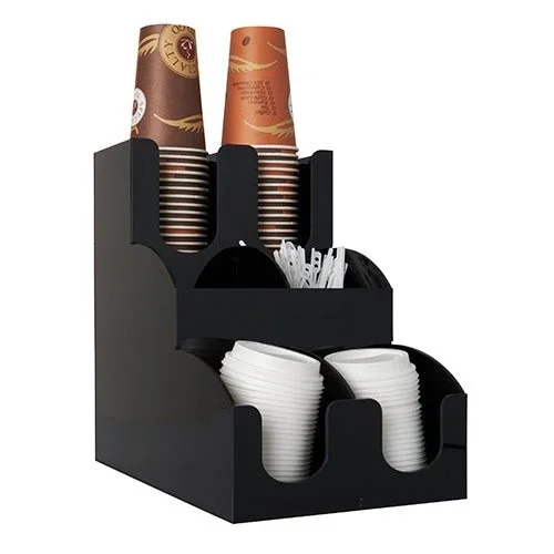 Der Starpak Spender für Trinkbecher und Deckel "To Go" (2 Kartons) ist ein schwarzer Arbeitsplatten-Organizer, der braune Pappbecher, weiße Plastikdeckel und Kaffeerührer in separaten Fächern aufnimmt.