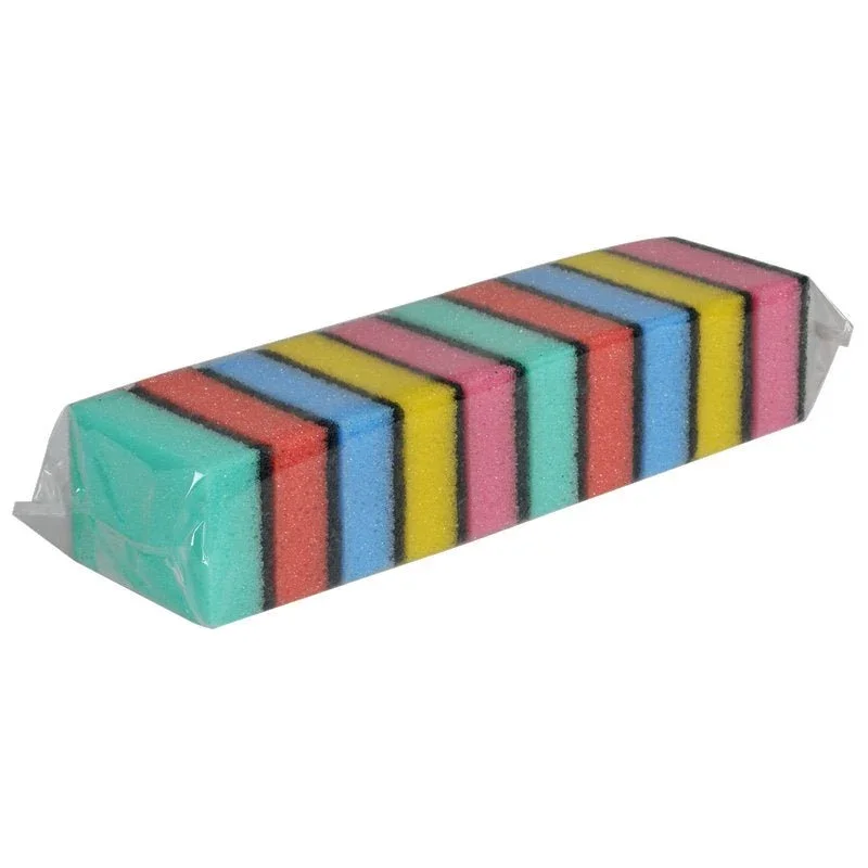 Ein 10er-Pack Abena Re-Seller GmbH Putzschwamm (3x6x9 cm) in verschiedenen Farben, ordentlich gestapelt und in Plastik verpackt - ideal für alle Ihre Haushaltsreinigungsanforderungen.