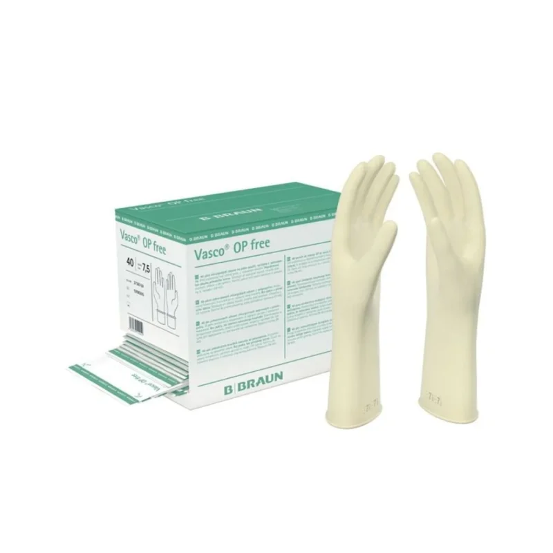 Eine Schachtel B. Braun Vasco OP free OP-Handschuhe latexfrei steril Gr. 7 (40 Paare) mit zwei Creme-Handschuhen aufrecht daneben. Weiße und grüne Verpackung zeigt Größe und Details. Latexfrei-ideal für Latexallergiker. Marke: B. Braun Deutschland GmbH & Co. KG.
