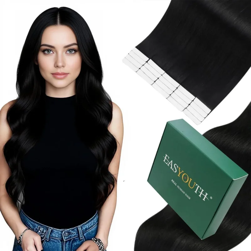 Schwarz Tape-In Haarverlängerung Echthaar 60cm - 50g