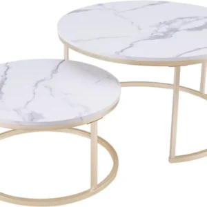 Runder Couchtisch 2er Set Metallgestell Weiß Gold Marmor Optik