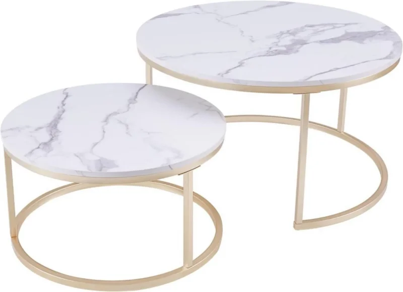 Runder Couchtisch 2er Set Metallgestell Weiß Gold Marmor Optik