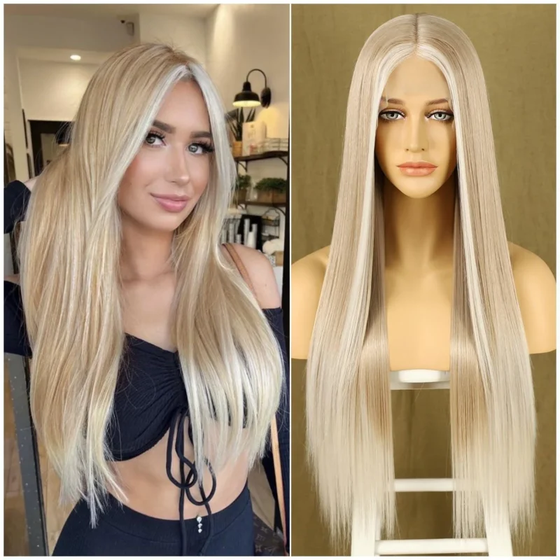 Ombre Blond Lange Gerade Perücke mit Spitze vorne 26 Zoll