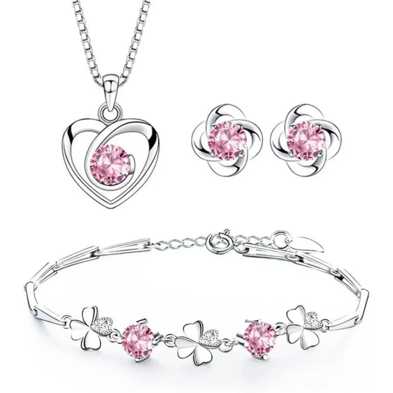 Schmuckset Damen Silber 925 mit Zirkonia, Herz Halskette & Klee Armband & Ohrstecker