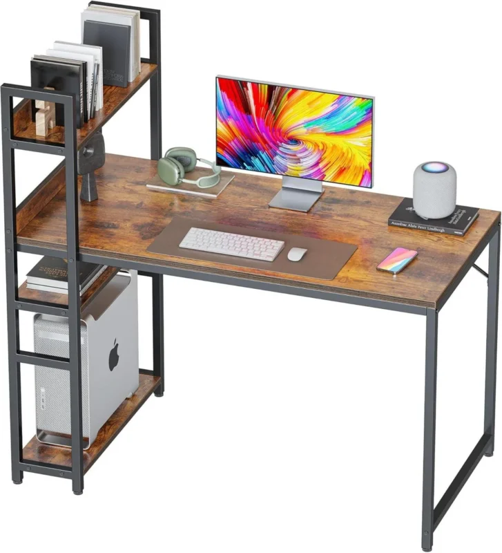 Schreibtisch mit Regal, 100x50cm, Gaming, Stahlgestell, Braun