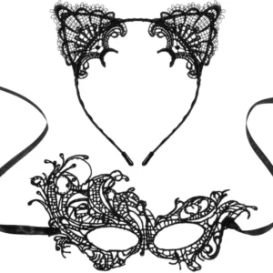 Sexy Catwoman Maske Set mit Spitzenmaske und Katzenohren