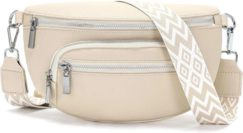 Kleine Bauchtasche Damen Beige Vegan Leder Crossbody Bag
