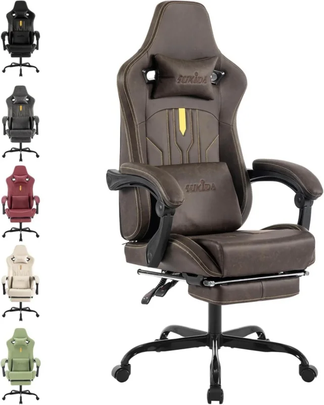 Ergonomischer Gaming Stuhl mit Fußstütze und Lendenwirbelstütze Braun
