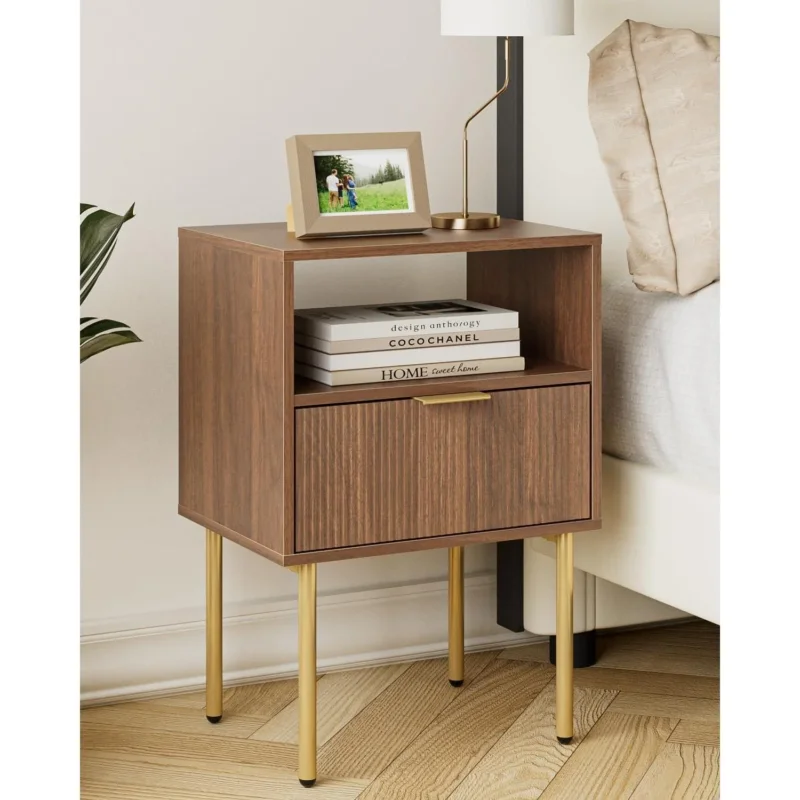 Nachttisch mit Schublade und Ablage, Nussbaum, Modern Boho