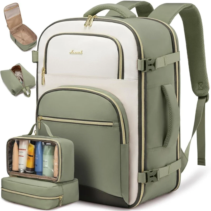 Handgepäck Rucksack 40L Flugzeug mit Laptopfach 17.3 Zoll Bohnengrün-beige