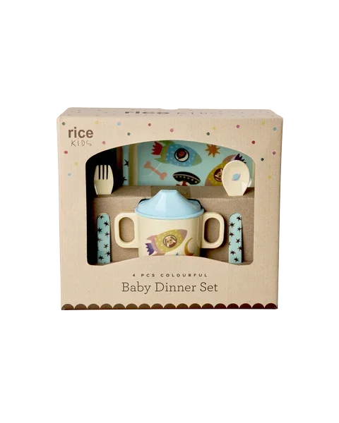 Melamin Baby-Geschirrset in Geschenkbox "Dogs in Space" - 25x11x22,5 cm (Blau)