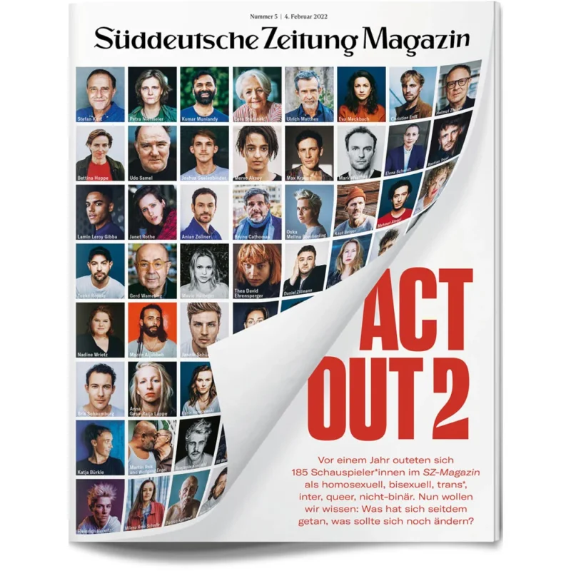 Auf der Titelseite eines Magazins sind viele Porträts von Menschen zu sehen und die Schlagzeile ACT OUT 2 in fetten roten Buchstaben.