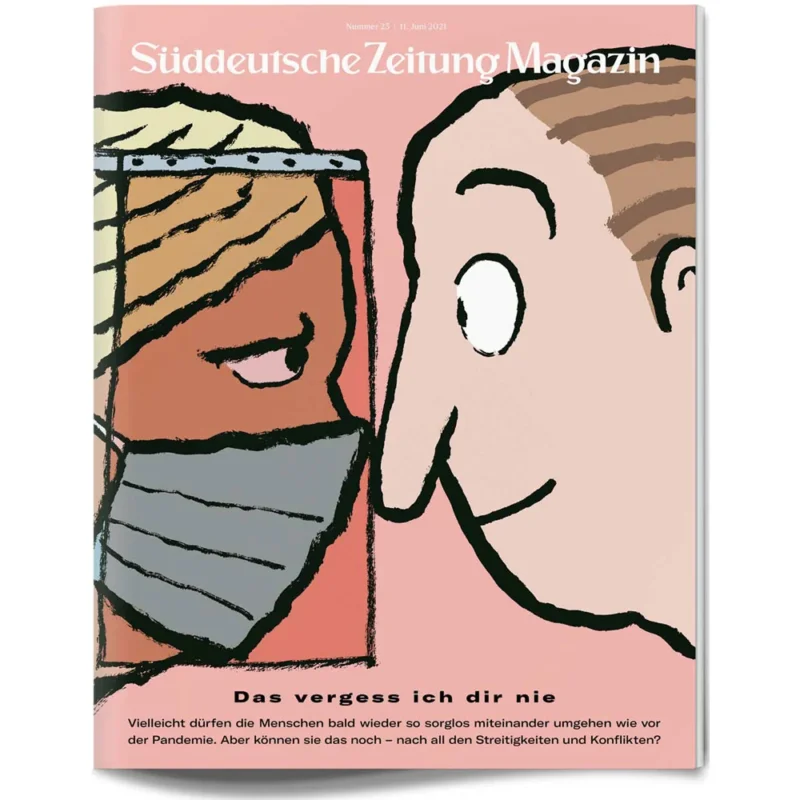 Illustration von zwei Gesichtern, eines mit Maske, eines ohne Maske, getrennt durch Glas auf einer Zeitschriftenhülle.