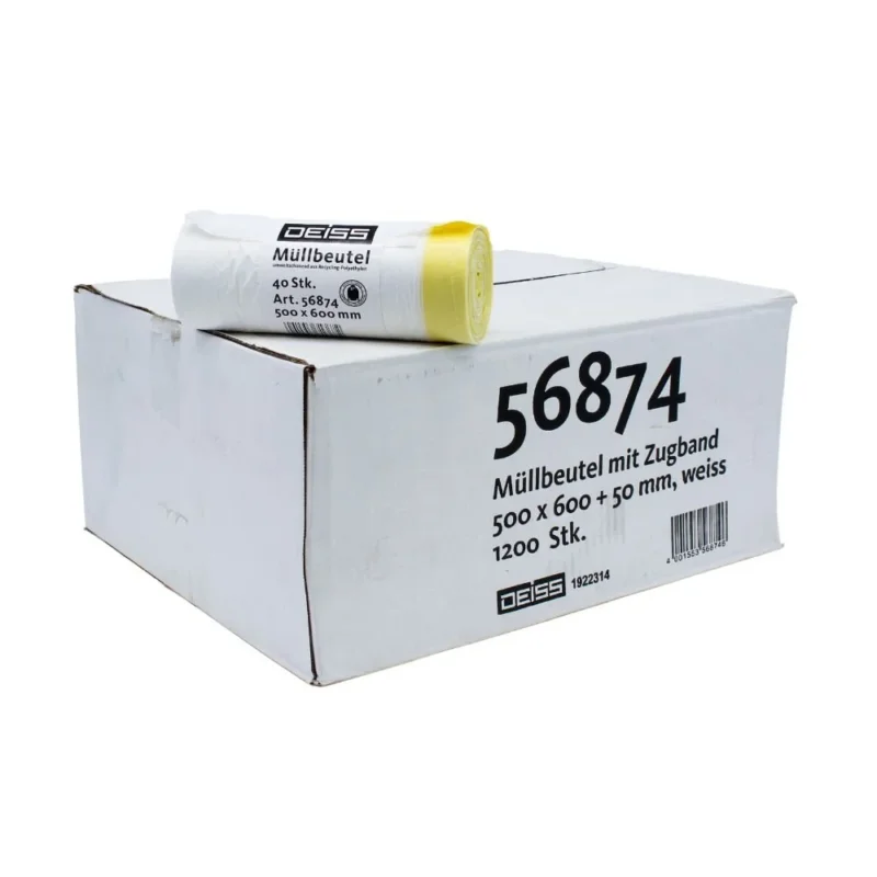 In einem großen weißen Karton mit der Aufschrift „DEISS Müllbeutel 56874“ der Firma EMIL DEISS KG (GmbH + Co.) befinden sich 1200 weiße Müllbeutel mit einem Fassungsvermögen von je 30 Litern. Eine darüberliegende, kleinere Rolle trägt dieselbe Aufschrift und dieselben Informationen und hebt praktische Kordelzüge für eine einfache Handhabung hervor.