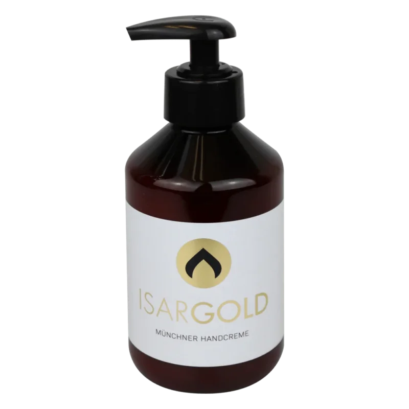 Eine braune Kunststoff-Pumpflasche mit der Aufschrift "Dr. Schnell ISARGOLD Handcreme mit wertvollen Essenzen, für intensive Hautpflege" (250 ml) der DR.SCHNELL GmbH & Co. KGaA steht vor einem schlichten weißen Hintergrund.