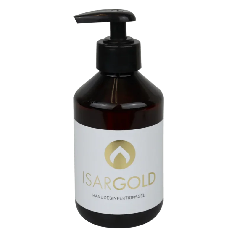 Abgebildet ist eine bernsteinfarbene 250-ml-Pumpflasche von Dr. Schnell ISARGOLD Händedesinfektionsgel, alkoholisch, mit Rückfetter (von DR.SCHNELL GmbH & Co. KGaA) mit einem gold-weißen Logo auf dem Etikett vor weißem Hintergrund.