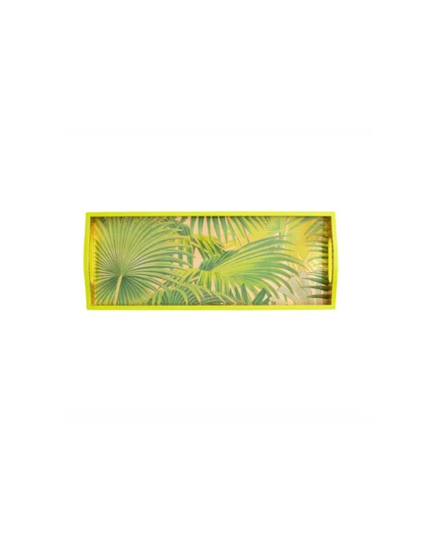 Ein rechteckiges Caspari-Tablett „Gold Palm Fronds“ mit gelben Rändern, verziert mit einem leuchtenden goldenen Palmenblattmuster – ein elegantes Palmenmotiv –, hebt sich vor einem schlichten weißen Hintergrund ab. Dieses handgefertigte Lacktablett von Caspari (50,8 × 20,3 cm) setzt in jeder Umgebung einen frischen, stilvollen Akzent.