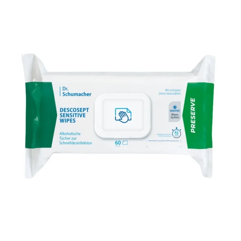 Eine Packung Dr. Schumacher Descosept Sensitive Wipes Desinfektionstücher der Dr. Schumacher GmbH für schnelle Desinfektion. Das Etikett weist darauf hin, dass es sich um Tücher auf Alkoholbasis handelt, die sich ideal für mittelgroße Flächen eignen. Die Packung ist überwiegend weiß mit grünen Akzenten und enthält 60 Tücher.