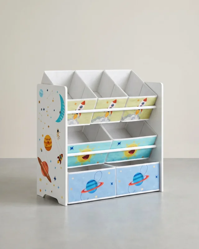 Spielzeugschrank mit 7 Aufbewahrungsboxen – Kinderzimmerschrank – Bücherregal mit Boxen – Sicher & Dekorativ