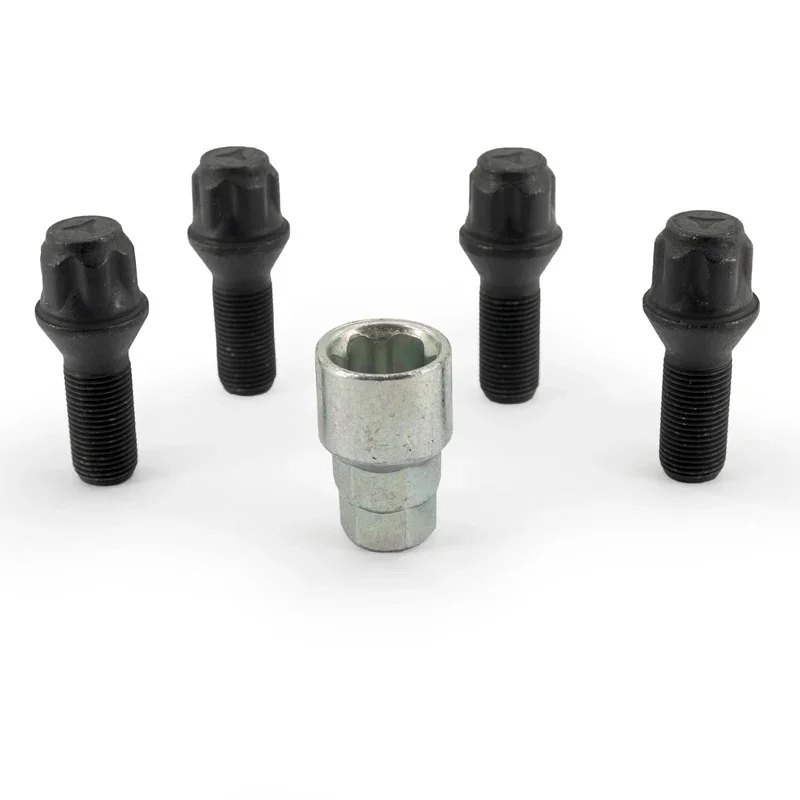H&R, Felgenschloss-Set M14x1.25x28mm Kegelbund Schwarz - 4 Felgenschloss-Schrauben inkl. Adapter, Stahl