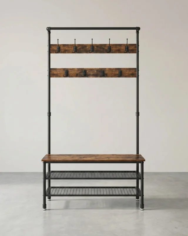 Garderobenständer mit Bank – Industrielles Design – 9 Haken, Kleiderstange und Schuhböden