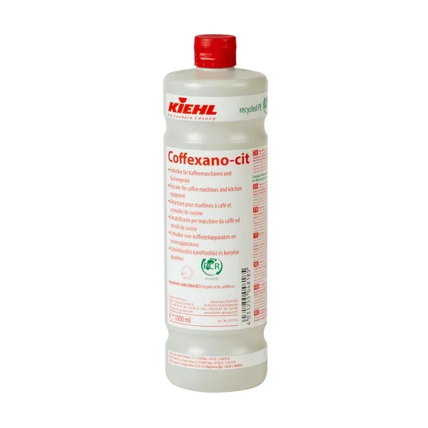 Eine 1-Liter-Flasche Johannes Kiehl KG Coffexano-cit Entkalker für Kaffeemaschinen und Küchengeräte mit rotem Verschluss und mehrsprachigem Etikett. Auch als Karton mit 6 Flaschen erhältlich.