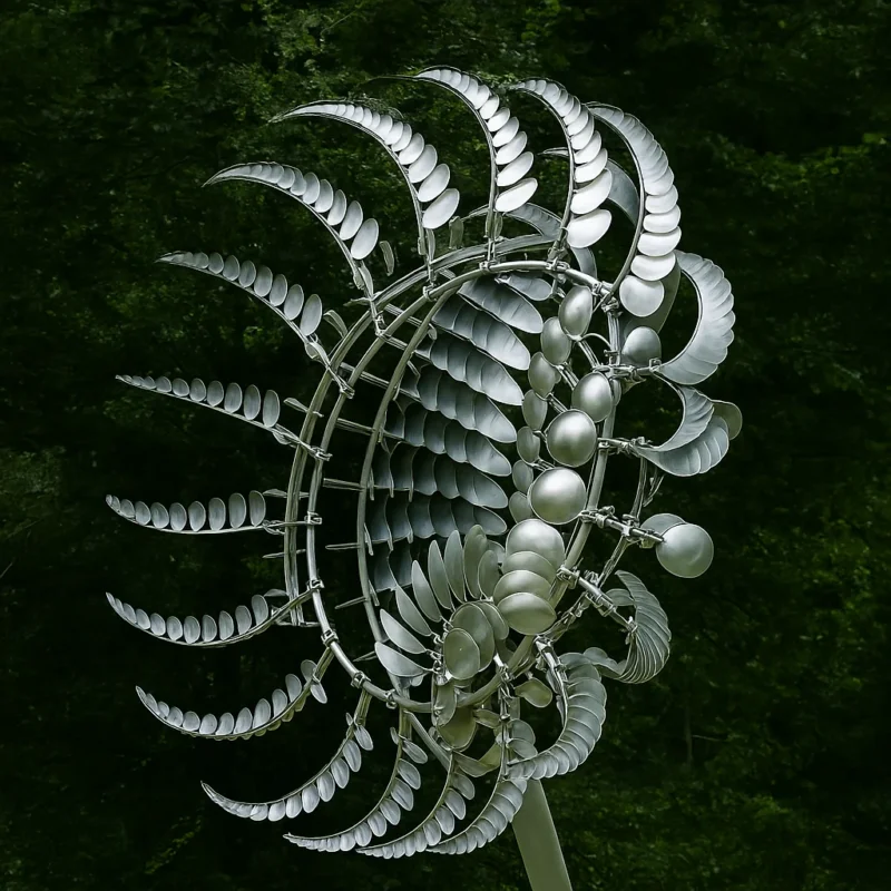 Garten-Windspiel-Skulptur aus silberfarbenem Metall