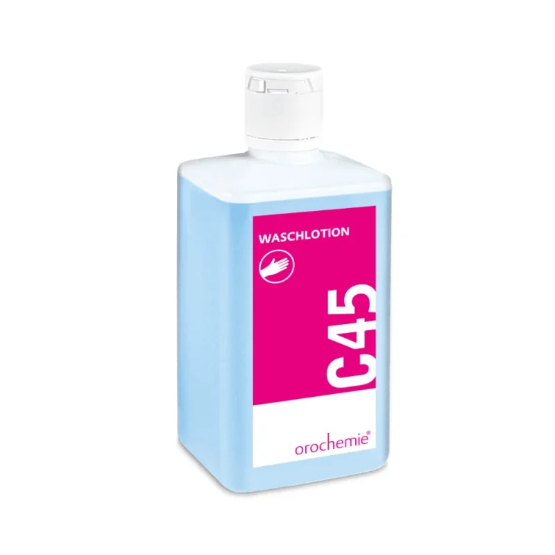 Rechteckige 500-ml-Flasche Orochemie C 45 milde Waschlotion der orochemie GmbH + Co KG mit weißem Verschluss, blauer Flüssigkeit und weißem/rosafarbenem Etikett mit der Aufschrift "pH-hautneutral" und einem Handwaschsymbol.
