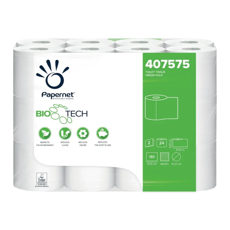 Eine Packung mit 24 Papernet 407575 Toilettenpapierrollen mit Bio Tech von Sofidel Germany GmbH bietet ein umweltfreundliches Design und Keimreduzierung. Jede Rolle misst 18 cm x 20 m und verfügt über die Biologic-Active-Tissue-Paper-Technologie für ein nachhaltiges Erlebnis.