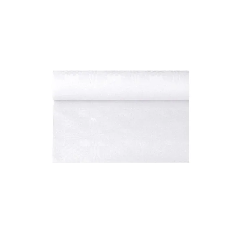 Eine Rolle PAPSTAR Papiertischtuch mit Damastprägung der PAPSTAR GmbH, ähnlich einer schlichten weißen Tapete für festliche Anlässe, ist teilweise ausgerollt und zeigt ihre glatte und gleichmäßige Textur vor dem schlichten weißen Hintergrund.