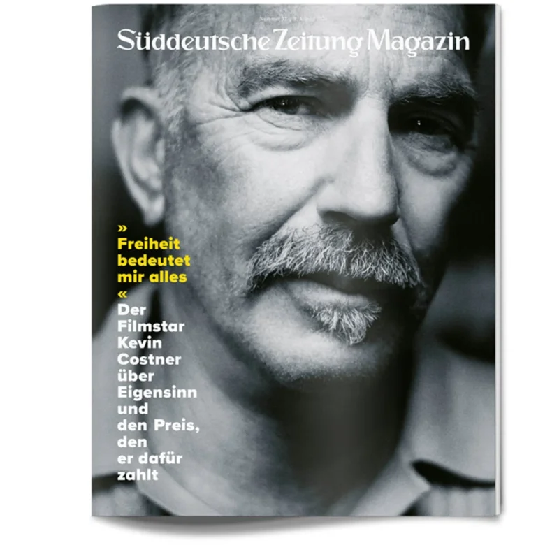 Schwarz-Weiß-Foto eines Mannes mit Schnurrbart in Nahaufnahme auf einer Zeitschriftentitelseite, links deutscher Text.