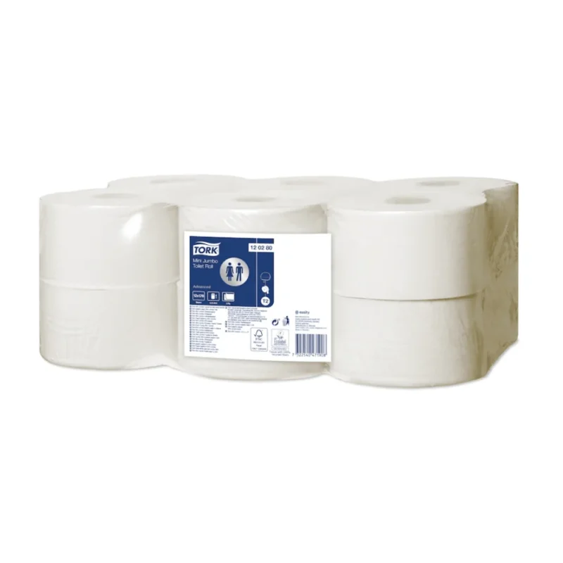 Ein Bild zeigt eine Packung mit acht weißen Toilettenpapierrollen, deren Verpackung den Markennamen Tork deutlich zeigt und die Advanced T2-Qualität hervorhebt. Die Produktdetails bestätigen, dass es sich um Mini Jumbo 2-lagig Toilettenpapier handelt.