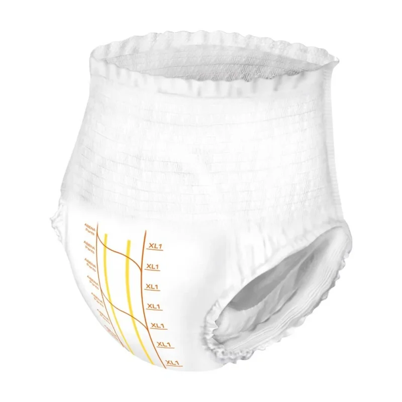 Weißer Hintergrund mit einer Packung von Abena Premium XL Inkontinenzhosen, die auf einem neutralen Untergrund liegt. Die Packung ist in klaren, modernen Farben gestaltet und zeigt das Produkt mit einem großen, auffälligen Logo. Auf der Vorderseite sind Informationen zur Größe und Verwendung in ansprechender Schriftart abgedruckt. Der Fokus liegt auf der praktischen und diskreten Gestaltung der Hosen, die in der Packung abgebildet sind.